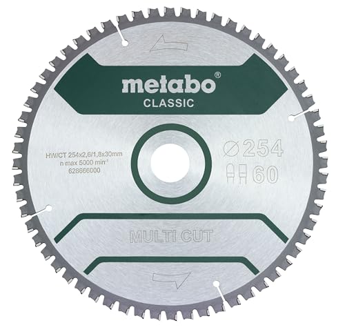 metabo Kreissägeblatt - 254x30, Zähnezahl: 60, Zahnform: FZ/TZ, Spanwinkel: 5° negativ - Präzisionssägeblatt für Holz, geeignet für Laminat, Kunststoff, Alu, Kupfer, MDF - Feine Längs- & Querschnitte