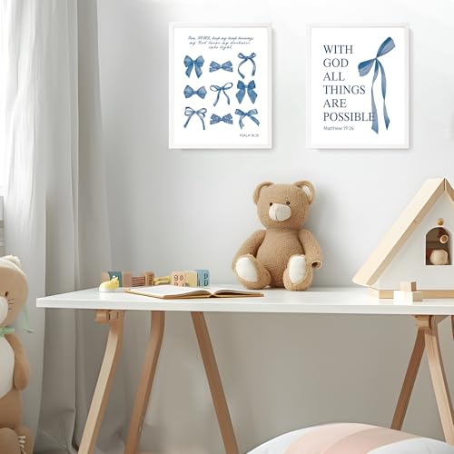 Image of LARTSFRO Coquette Navy Blue Bow Wall Art Decor Posters, Navy Blue Bow Room Bedroom Bathroom Dorm Wall Art Decor Aesthetic for Teen Girls Gifts, Inspirational Bible Verses Bow Wall Decor, 10x8 Inch Set of 4 Pcs Bow Pictures (UNFRAMED)