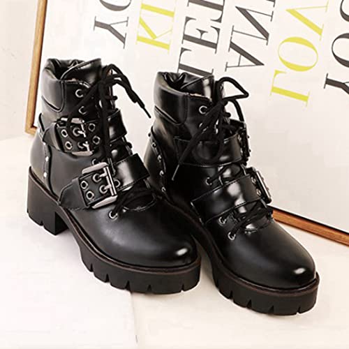 VOKLIN Women's Fashion Buckle Lace Up Dressy Ankle Boots Round Toe Platform Chunky Mid Heel Combat Short Bootie3