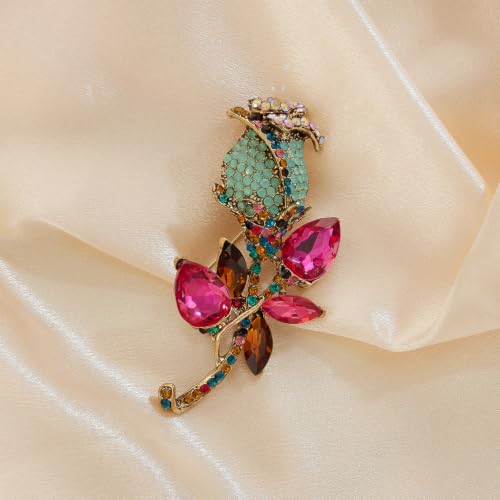 Image of YOQUCOL Elegant Cubic Zirconia Crystal Rhinestone Red Rose Shape Brooch Pin for Women Grils