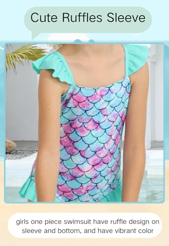 Image of DAXIANG Girls One Piece Ruffle Strap Swimsuit Quick Dry Mermaid Swimwear Beach Sport Bathing Suit for Toddler Kids 4-11 Years