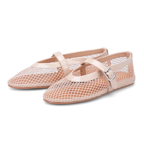 Adrizzlein Mesh Ballet Flats for Women Fishnet Ballerina Flats Buckle Strap Mesh Ballet Shoes Wide Width Casual Summer Dress Flat Shoes