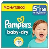 Pampers Windeln Größe 5+ (12-17kg) Baby-Dry, Junior Plus, MONATSBOX, bis zu 12 Stunden Rundum-Auslaufschutz, 168 Stück