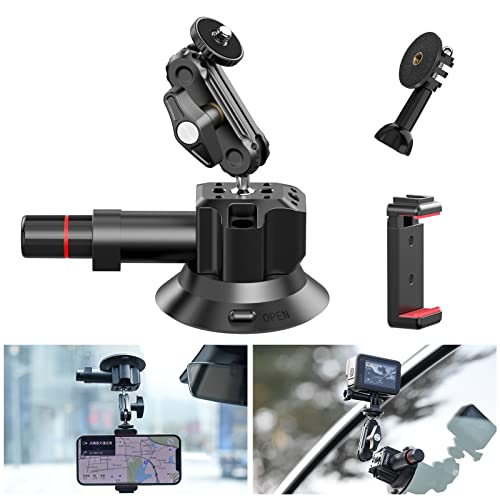 Support ventouse pour appareil photo PICTRON avec clip pour téléphone portable, ventouse action 3' avec rotule double tête 360° et vis 1/4'', support ventouse voiture pour DJI OSMO, GoPro Hero 10 9