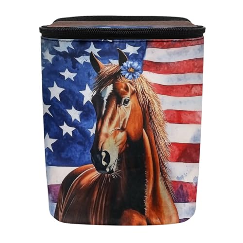 Image of Talayituse Horse Daisy American Flag Print Car Trash Can with Adjustable Straps, Zip Closure Car Trash Bag Bin Auto Garbage Bag Multipurpose Storage Box for Vehicle Travel Camping Picnicing