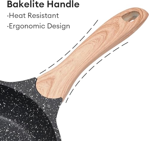 Image of Non-Stick Frying Pan with Wooden Finish Soft Touch Handle, 2.5mm Thickness, Consumes Less Oil, Even Heat Distribution, Induction Bottom and Gas Ready (Black, 24cm)