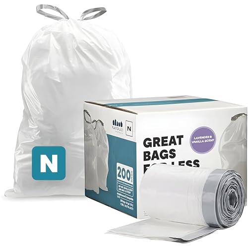 Image of Plasticplace White Drawstring Lavender and Soft Vanilla Scented Garbage Can Liners, Compatible with Code N (200 Count) 12-13 Gallon, 45-50 Liter, 1.2 Mil, 22.5 inch x 31.5 inch