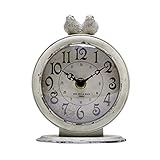 NIKKY HOME Shabby Chic Pewter Round Quartz Table Clock with 2 Birds - Distressed White