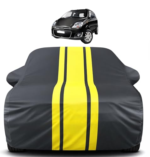 Image of Auto Hub Car Cover Compatible with Chevrolet Spark with Mirror Pocket, Soft Cotton Lining, Spark Car Cover Waterproof - Yellow-Black