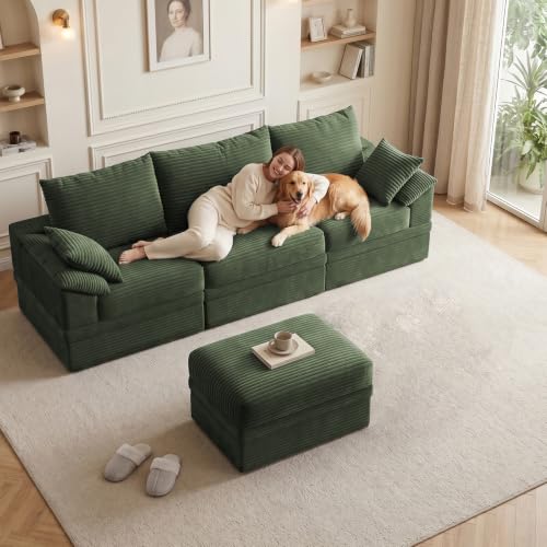 107" Modular Sectional Sofa Boneless Couch with Storage,L-Shape 3 Seat Comfy Modern Cloud Couch Sofa with Ottoman, 27" Deep Seat Corduroy Sofa for Living Room, Tool-Free Assembly - Green - image 2