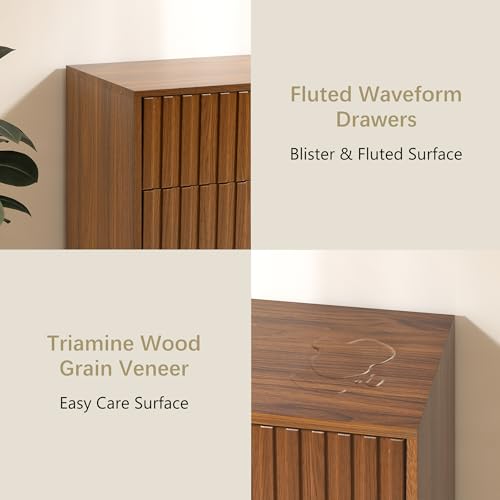 Image of Fluted Dresser for Bedroom with 6 Drawers, Walnut Modern Dresser with Metal Handle, 47'' Wide Natural Wood Dressers Organizer with Blister Drawers for Bedroom