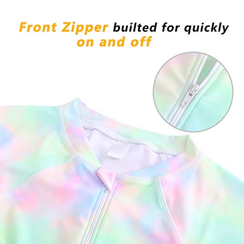 Image of Girls Long Sleeve Rash Guard One Piece Swimsuit Kids UPF 50+ Sun Protection Swimwear Rainbow Striped Bathing Suit 3-14 Years