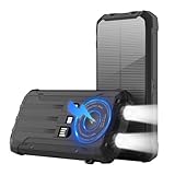 Solar Power Bank 20000mAh Wireless Portable Charger Built-in 3 Cables 15W USB-C Fast Charging Battery Pack Compatible with iPhone, Samsung, iPad, Emergency LED Flashlights Perfect for Camping, Hiking