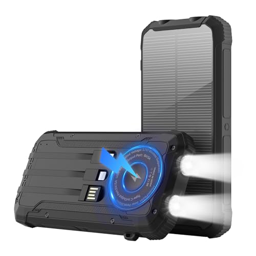 Solar Power Bank 20000mAh Wireless Portable Charger Built-in 3 Cables 15W USB-C Fast Charging Battery Pack Compatible with iPhone, Samsung, iPad, Emergency LED Flashlights Perfect for Camping, Hiking