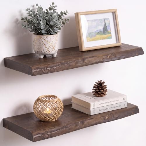 Image of RICHFOCUS Live Edge Elm Floating Shelves - 20 inch W x 9.3 inch D Rustic Solid Wood Wall Shelves with Invisible Bracket, Wall-Mounted for Living Room, Bedroom, Kitchen Storage & Display, Set of 2, Walnut