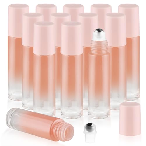Nozefy 12 Pcs Glass Roller Bottles Pink Gradient Essential Oil Roller Vials Empty Refillable Cosmetic Container Jars with Roll On Balls and Screw Cap for Perfume - 0.34oz/10ml