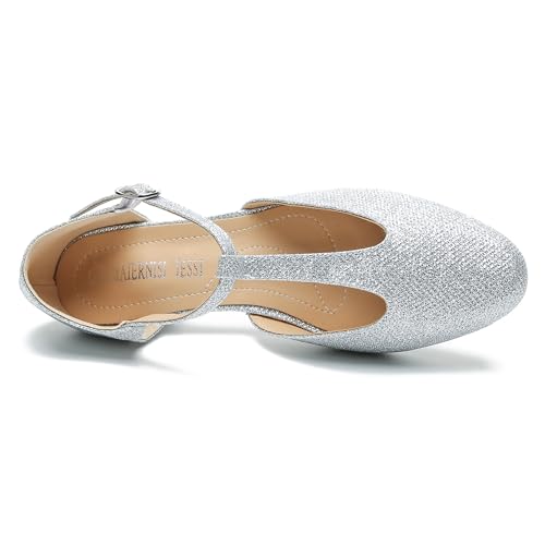 Image of MAIERNISI JESSI Women's T-Strap Mary Jane Pumps, Low Block Heel, Closed Toe, Buckle Ankle Strap