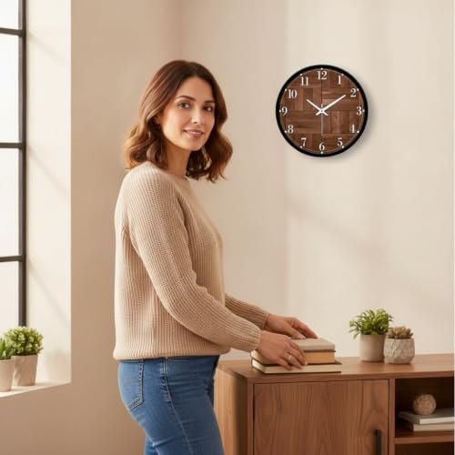 Image of Classic Parquet Wooden Pattern Wall Clock for Living Room Decor | Round Analog Silent Non-Ticking Clock with Black Frame | Modern Farmhouse Wood Grain Watch for Bedroom, Office & Kitchen