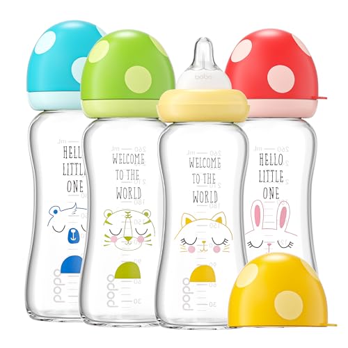 Image of YOHKOH Natural Glass Baby Bottle with Natural Response Nipple, Newborn Anti-Colic Baby Bottles, Wide Neck Mushroom Cap Baby Bottle, Clear (8.8ounce (Pack of 4), Multicolour1)