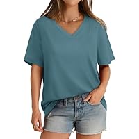 Womens Short Sleeve Shirts Casual Loose Summer Tops 2025 V Neck Tshirts Tees Blue 2XL