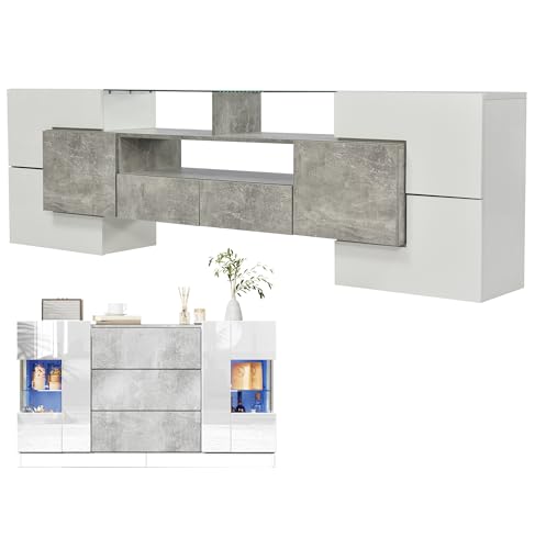 Azkoeesy Mueble de TV y Aparador para salón - Color Blanco Brillo y Gris - 200x35x60 cm + 140x30x77,5 cm - con iluminación LED y Placa de Cristal - Conjunto de Muebles de salón (Blanco/Gris)