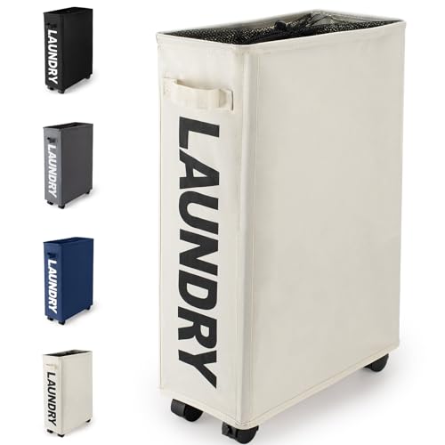 Virklyee Cestos para la Colada con Ruedas 43L Cesta de Ropa Sucia Plegable Multifunción Cesta de Ropa Sucia de Tela Oxford Colector de Lavandería con Manija para Salas de Estar, Dormitorios(Beige)