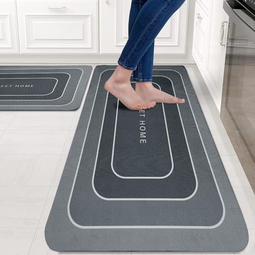 Image of Amazon Brand - Solimo Silicone Kitchen & Bath Mat (Pack of 2) | Grey | Anti-Fatigue Comfort Foam | Waterproof & Anti-Slip | 60 x 40 cm & 40 x 120 cm| Quick-Dry & Easy Clean