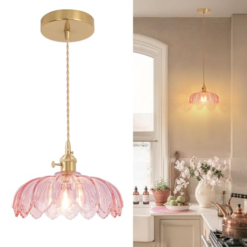 Image of Shenmoyl Pendant Light with Pink Scindapsus Glass Lmapshade, Brass Vintage Pendant Light Adjustable Hanging Light for Kitchen Island Dining Room Hallway