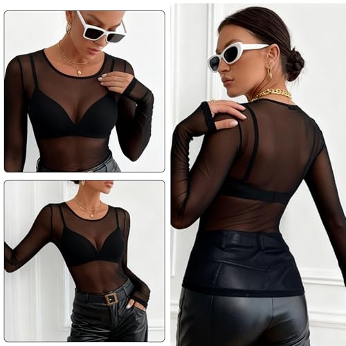Mujer Camiseta Transparente Sexy Manga Larga, Top Transparente Sexy para Mujer en Malla Negra Elegante (FR/ES, Letras, M, Regular, Regular)