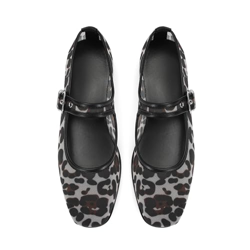 Image of DOEYG Mesh Ballet Flats Shoes for Women Leopard Animal Print Mary Jane Flats Shoes Square Toe Dress Casual Comfortable Velvet Ballerina Shoes
