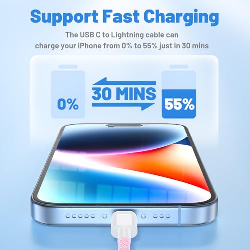 Image of USB C to Lightning Cable 2Pack 6FT+10FT,[Apple MFi Certified] Nylon Braided iPhone Fast Charging Cable, Power Delivery Charging Cord for iPhone 14 13 12 11 Pro Max /XS /Max /XR /8 /7,Pad Air /Pro,Pink