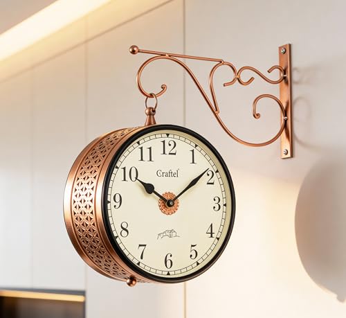 Image of CRAFTEL Double Sided Station Wall Clock Multi-Layer Electroplated | Both Side English Numerals | Aluminum Matte-Finish Dial Brass Body | Dial - 8 Inches, Rose Gold | 365 Days Warranty