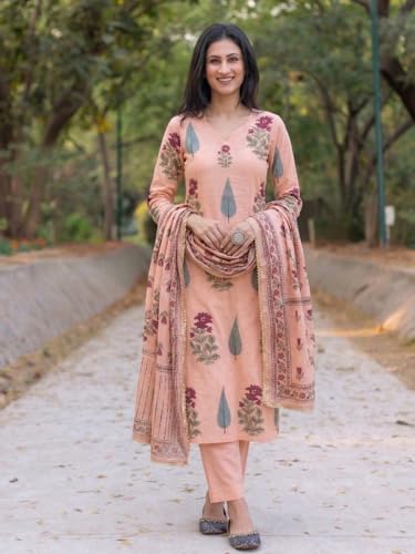 Image of ANNI Designer Kurta Set Women Viscose Printed | Kurti Set Woman | Kurta Pant Dupatta 3 Piece Outfit | V-Neck 3 /4 Sleeve Straight Fit Ethnic Wear Ladies Dress Stylish Traditional Clothing