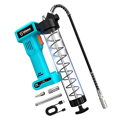 gogonova 12V Battery Powered Grease Gun, 10000 PSI Cordless Rechargeable Heavy Duty Grease Gun, Electric Grease Gun Kit with 14 oz Load, 30 Inch Flex Hose, 4 Nozzles, USB-C Charging Cable