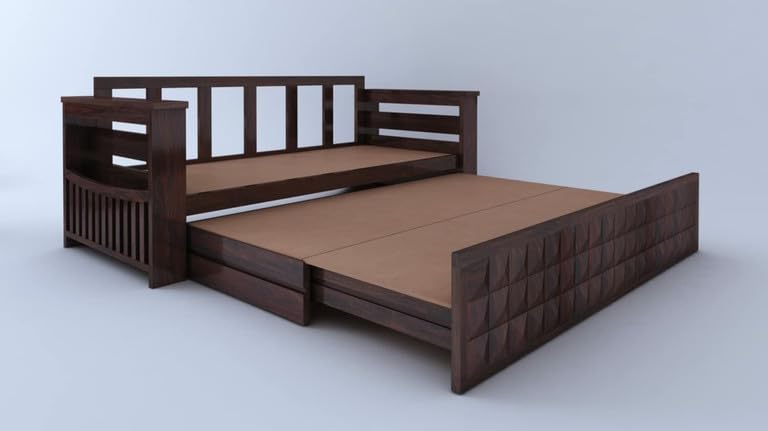 Image of Solid Sheesham Wood Sofa Cum Bed 2 Seater | Wooden Foldable Double Bed for Living Room with Headboard & Storage | Bed Cum Sofa with Mattress for Home | Diamond Design (Walnut Finish)