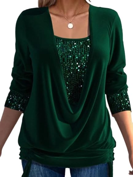 GAGFDA Sequin Loose Smocked Fake Two-Piece Top, Evening Tops Women Long Sleeve V Neck Solid Plus Size Loose Sequin T Shirt,for Party (Green,2XL)