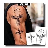 UBICA Semi Permanent Tattoos, 2 Sheets Realistic Large Temporary Tattoos for Men, Fake Tattoo for Back Arm Wrist, Waterproof No Reflective, Lasts 2 Weeks (Strength Angel Wing & Gothic Cross Designs)