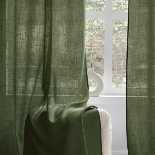 Woaboy Leinen Gardinen Grün Vorhänge Wohnzimmer Halbtransparent mit Ösen Stores Gardine Leinenoptik Schlafzimmer Modern Ösenvorhang… – Ansicht 4