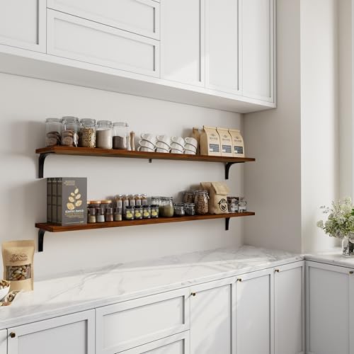 Image of 12 Inch Deep Floating Shelves Set of 2, 60 Inch Extra Wide Solid Wood Wall Shelves, 5ft Heavy Duty Wall Mounted Bookshelf with 100 lbs Capacity for Kitchen, Living Room & Bedroom