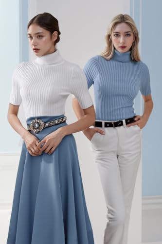 Image of v28 Women Turtleneck 1 /2 Half Sleeve Highly Stretchy Ribbed Knit Fitted Sweater