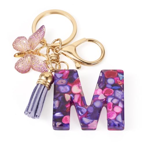 Chaveiro com letra inicial para mulheres presente borla borboleta alfabeto pingente chaveiro para mochila escolar, Letra M, 105mm