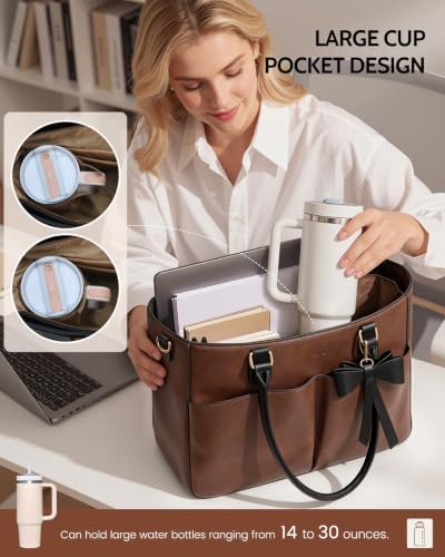 Image of Laptop Tote Bag for Women, Leather Work Tote with Padded Laptop Compartment, Cup Holder, Office Computer Briefcase