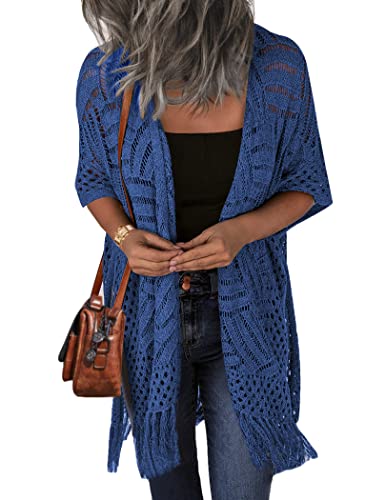 Image of HOTOUCH Women's Lightweight Crochet Cardigan Short Sleeve Open Front Kimono Knit Summer Cardigans Sweaters Blue