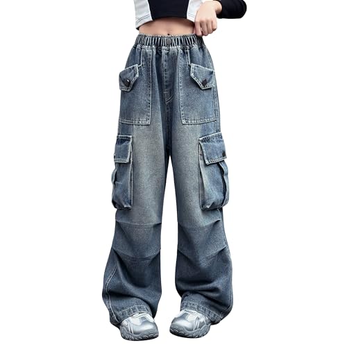 Image of Rolanko Girls Cargo Pants Baggy Y2K Cargo Trousers Jeans Wide Leg Pants with Multi Pockets 4-15 Years