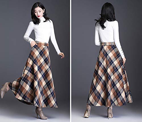 ebossy Women's Vintage High Waist Wool Blend Plaid A-Line Long Maxi Skirt with Pocket (Large, Khaki) - Image 4