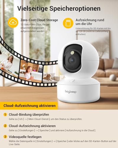 BoyKeep 2.4G/5GHz Überwachungskamera Innen 2K, 360° WLAN Überwachungskamera, Indoor Hundekamera mit APP, Babyphone mit Kamera mit Bewegungserkennung, Nachtsicht, 12s Kostenloser Cloud -Speicher