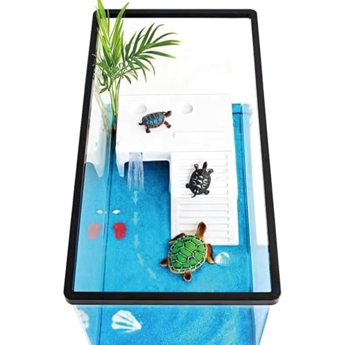 Vlwm 亀 水槽 大きい タートルタンク カメ用 アクリルカメ生息地 亀観察飼育用 ガラス リクガメ ケージ 爬虫類繁殖ボックス 透明セット 360度見ている亀水族館生息地です 滑り止め 休憩プラットフォーム 脱出防止 (59*29*29cm)