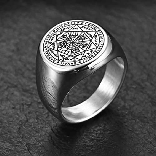 Image of Yellow Chimes Rings for Men Stainless Steel Silver Ring The Seals of The Seven Archangels Protection Band Ring for Men and Boys.