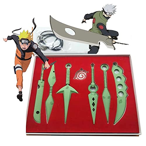 WXFXBKJ 7 Pcs Set Green Cosplay Costume Accessories Naruto Ninja Weapon Metal Kunai Prop Konoha Leaf Village Shinobi Toy, Necklace Anime Naruto Kakashi COS Weapon