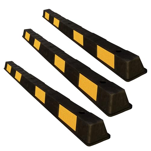 ADO - Tope de rueda para aparcamiento 1800x150x100mm goma pvc negro con bandas amarillas reflectoras, para mayor visibilidad. Topes para delimitar el espacio de los aparcamiento. (3-Topes)